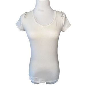 Ann Taylor Shirt Womens XS White Short Sleeve V-Neck T-Shirt Cotton Bead Accents